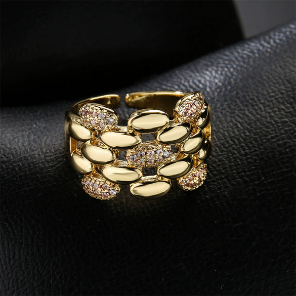 Wholesale Copper Plated 18K Gold Micro Paved Geometric Open Ring Jewelry For Women With Micro Inlay