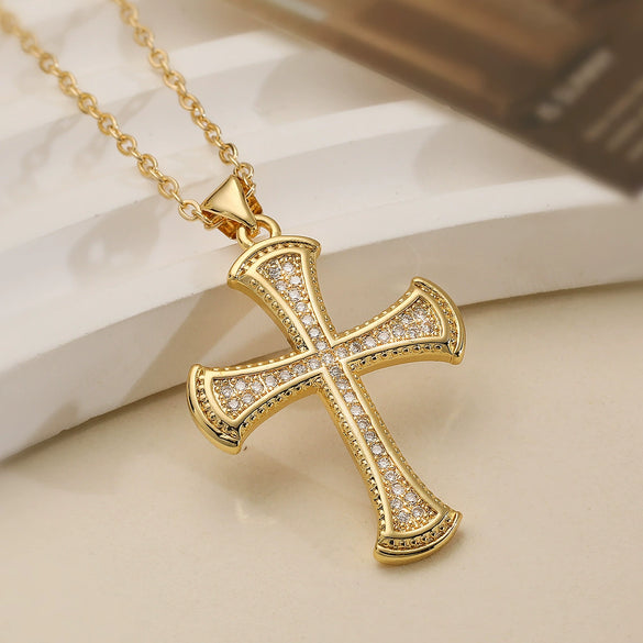 Wholesale Copper Plated 18K Gold Zircon Geometric Cross Pendant Necklace For Women