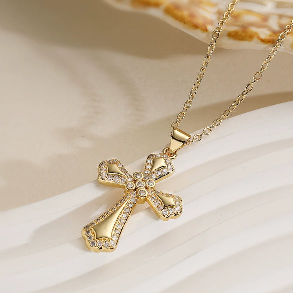 Wholesale Copper Plated 18K Gold Zircon Geometric Cross Pendant Necklace For Women