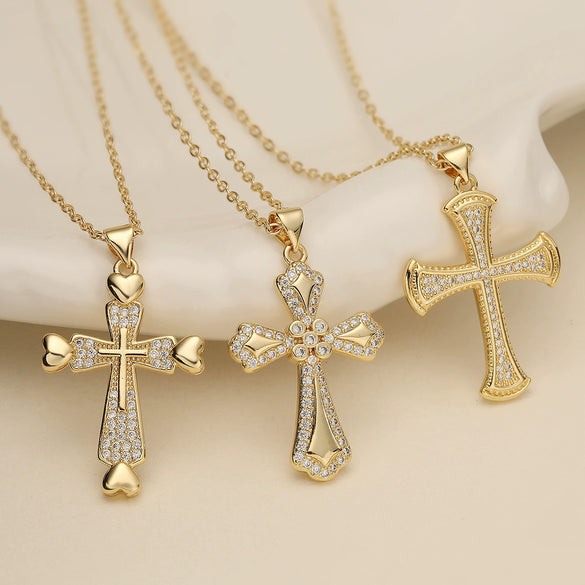 Wholesale Copper Plated 18K Gold Zircon Geometric Cross Pendant Necklace For Women