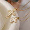Wholesale Copper Plated 18K Gold Zircon White Shellfish Geometric Cross Pendant Necklace For Women Minimalist Style