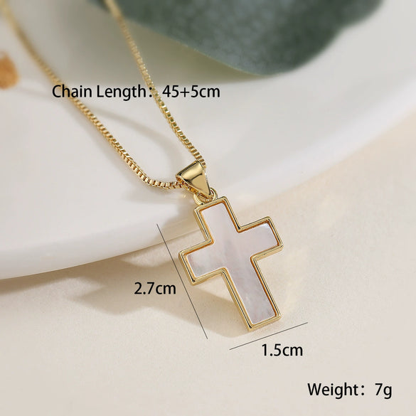 Wholesale Copper Plated 18K Gold Zircon White Shellfish Geometric Cross Pendant Necklace For Women Minimalist Style