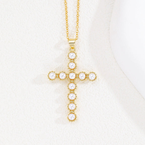 Wholesale Copper Plated Real Gold Cross Beaded Geometric Design Necklace