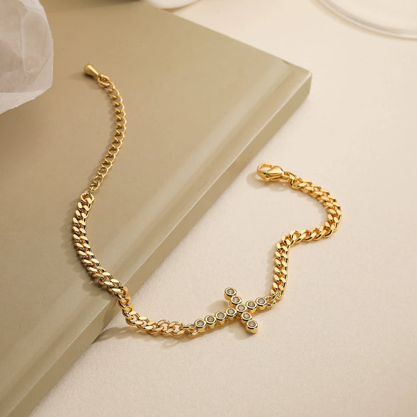 Wholesale Copper Plated Real Gold Zircon Cross Bracelet For Women With Micro Inlay Geometric Pattern Cuban Chain