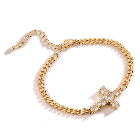 Wholesale Copper Plated Real Gold Zircon Cross Bracelet For Women With Micro Inlay Geometric Pattern Cuban Chain