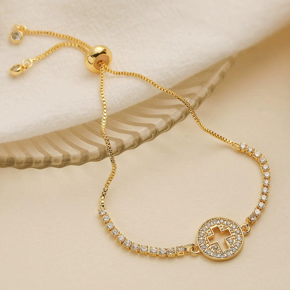 Wholesale Copper Plated Real Gold Zircon Geometric Cross Micropaved Women's Bracelet