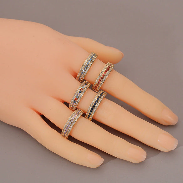 Wholesale Copper Real Gold Plated Micro Inlaid Zircon Diamond Ring Geometric Pattern Couple Ring