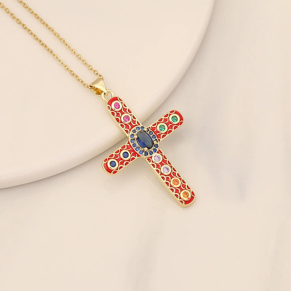 Wholesale Copper Retro Cross Pendant Necklace With Oildropping Design For Women