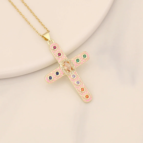 Wholesale Copper Retro Cross Pendant Necklace With Oildropping Design For Women