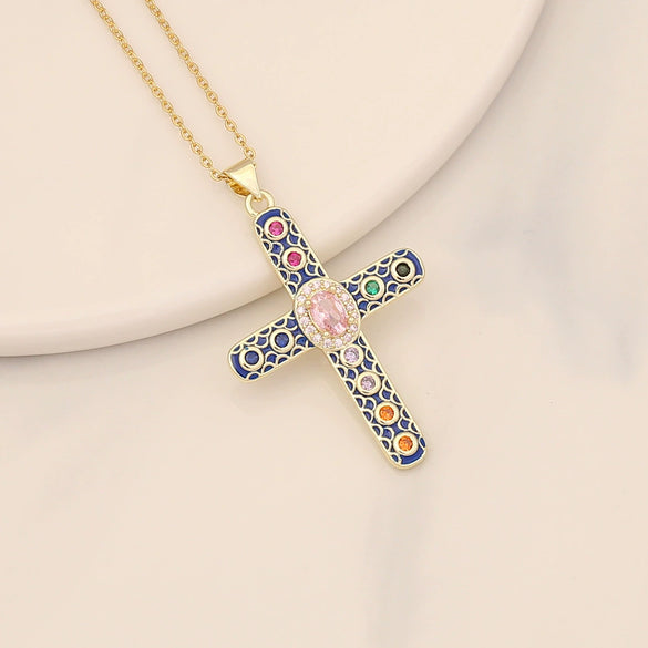 Wholesale Copper Retro Cross Pendant Necklace With Oildropping Design For Women