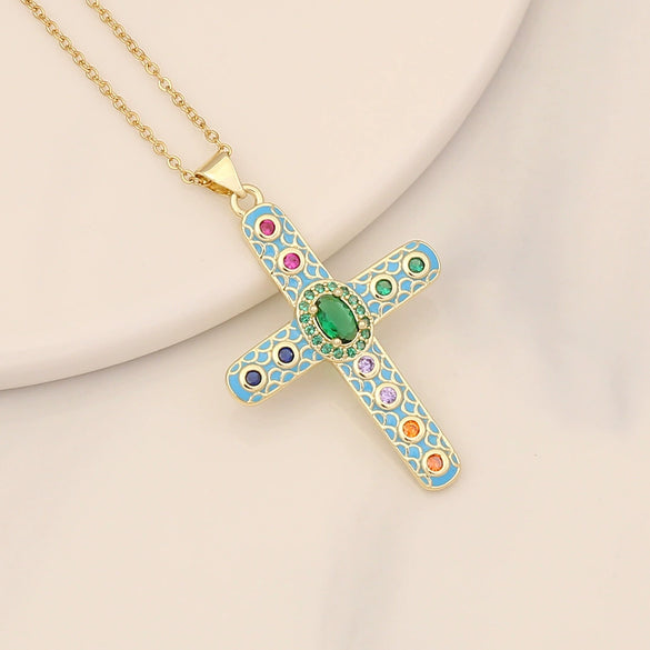 Wholesale Copper Retro Cross Pendant Necklace With Oildropping Design For Women