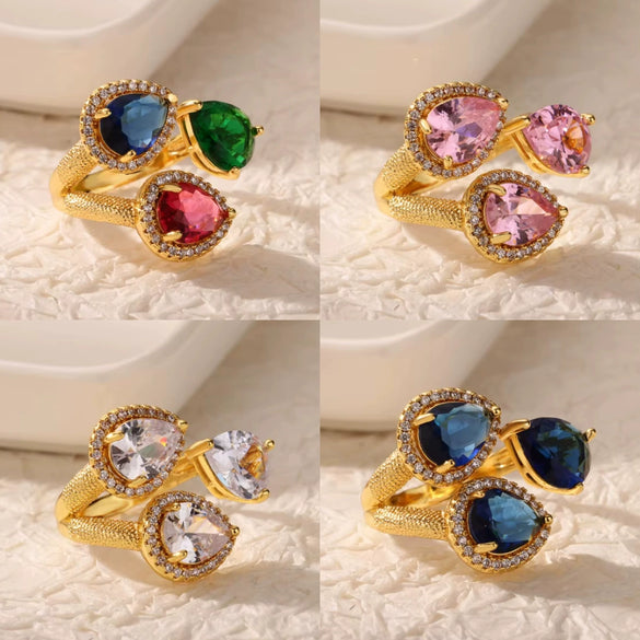 Wholesale Copper Retro Luxury Water Drop Geometric Oval Heart Shape Electroplated Zircon Ring Unisex