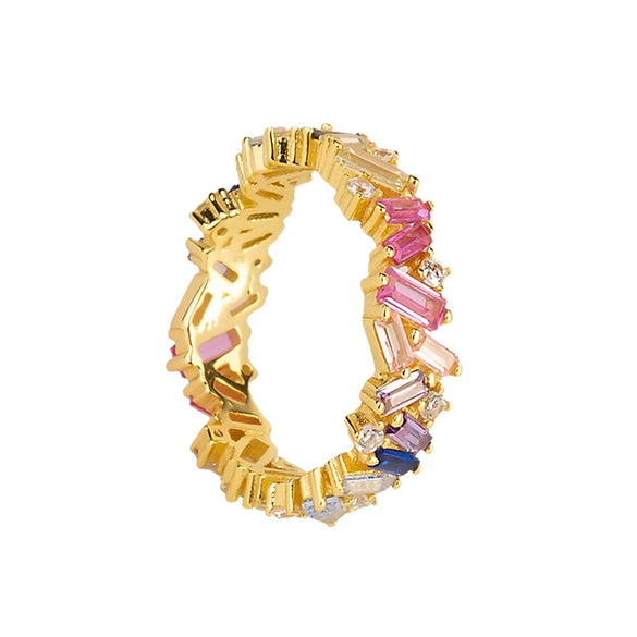 Wholesale Copper Ring Inlaid With Colorful Zircon Geometric Retro Style For Women Electroplated