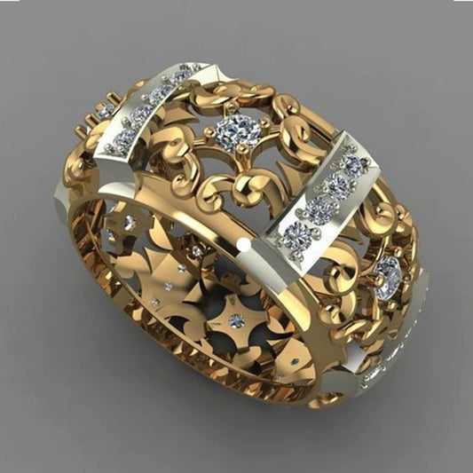 Wholesale Copper Ring With Double Color Plating Hollow Pattern Flower Design And Zircon For Women