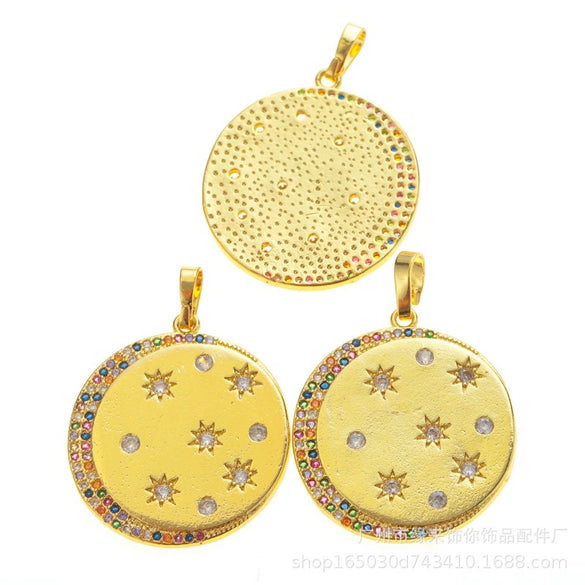 Wholesale Copper Round Pendant Necklace With Electroplated Finish And Star Moon Diamond Design Jewelry