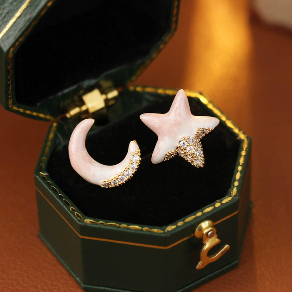 Wholesale Copper S925 Silver Needle Geometric Oil Dripping Star Moon Earrings For Women Electroplated
