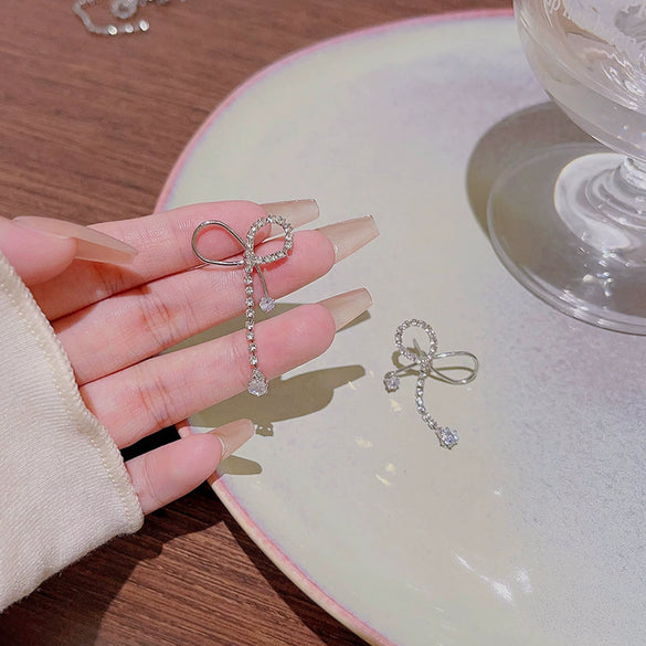 Wholesale Copper Silver Plated Bow Shaped Zircon Inlaid Women's Earrings Sweet Style