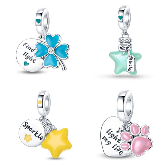 Wholesale Copper Silver Plated Colorful Luminous Clover Star Charm Dripping Oil Bracelet Necklace Beads
