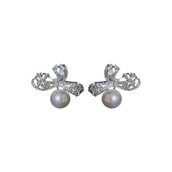 Wholesale Copper Silver Zircon Pearl Bow Earrings For Women Light Luxury Design