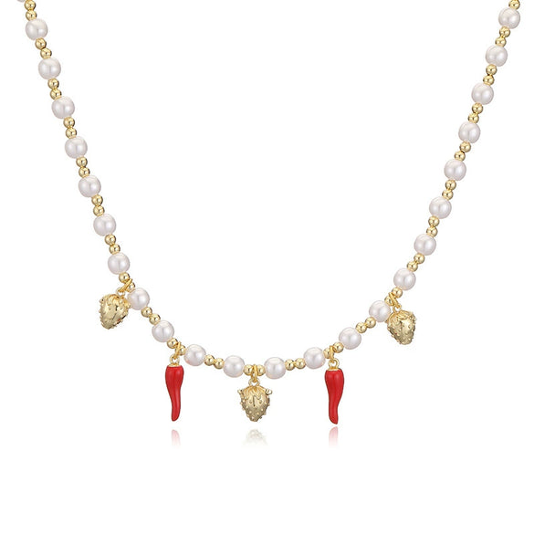 Wholesale Copper Sweet Fruitstyle Pendant Necklace With Dripping Oil Treatment And Pearl Chain