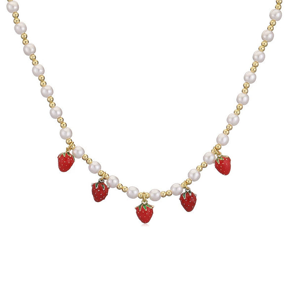 Wholesale Copper Sweet Fruitstyle Pendant Necklace With Dripping Oil Treatment And Pearl Chain