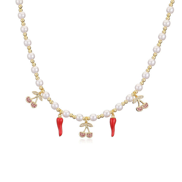 Wholesale Copper Sweet Fruitstyle Pendant Necklace With Dripping Oil Treatment And Pearl Chain