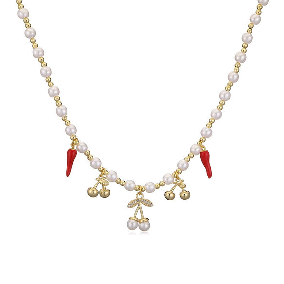 Wholesale Copper Sweet Fruitstyle Pendant Necklace With Dripping Oil Treatment And Pearl Chain