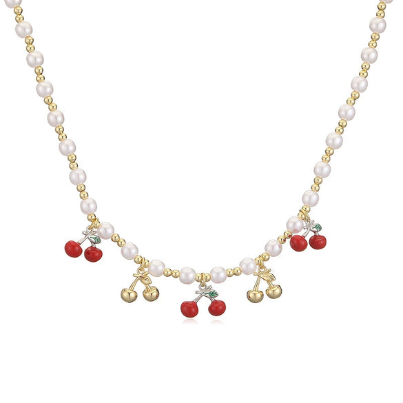 Wholesale Copper Sweet Fruitstyle Pendant Necklace With Dripping Oil Treatment And Pearl Chain