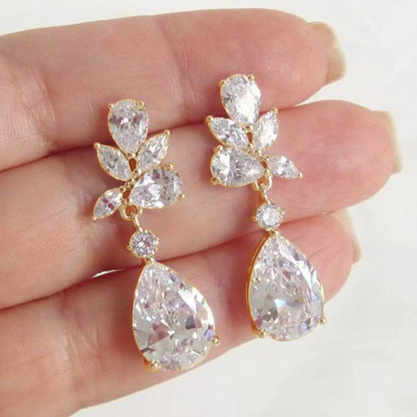 Wholesale Copper Sweet Pear Shaped Water Drop Zircon Earrings For Bridal Light Luxury Style