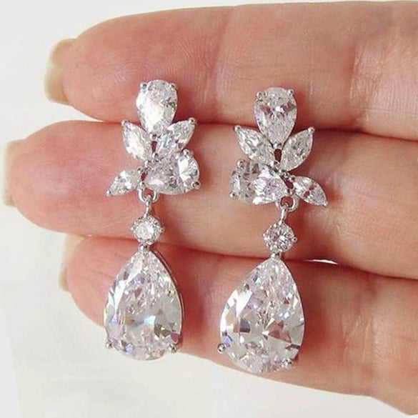 Wholesale Copper Sweet Pear Shaped Water Drop Zircon Earrings For Bridal Light Luxury Style