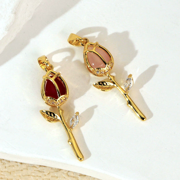 Wholesale Copper Tulip Zircon Flower Leaf Pattern Micropaved Necklace For Female With Cartoon Style