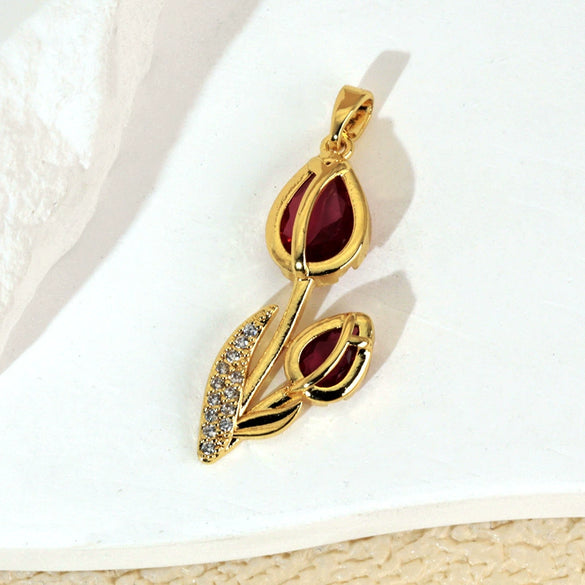 Wholesale Copper Tulip Zircon Flower Leaf Pattern Micropaved Necklace For Female With Cartoon Style