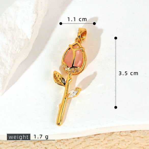 Wholesale Copper Tulip Zircon Flower Leaf Pattern Micropaved Necklace For Female With Cartoon Style