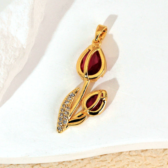 Wholesale Copper Tulip Zircon Flower Leaf Pattern Micropaved Necklace For Female With Cartoon Style