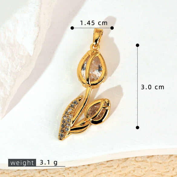 Wholesale Copper Tulip Zircon Flower Leaf Pattern Micropaved Necklace For Female With Cartoon Style