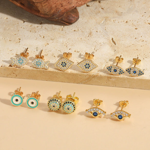Wholesale Copper Women's Ins Style Geometric Blue Eyes Devil's Eye Microinlaid Zircon Earrings With Electroplating