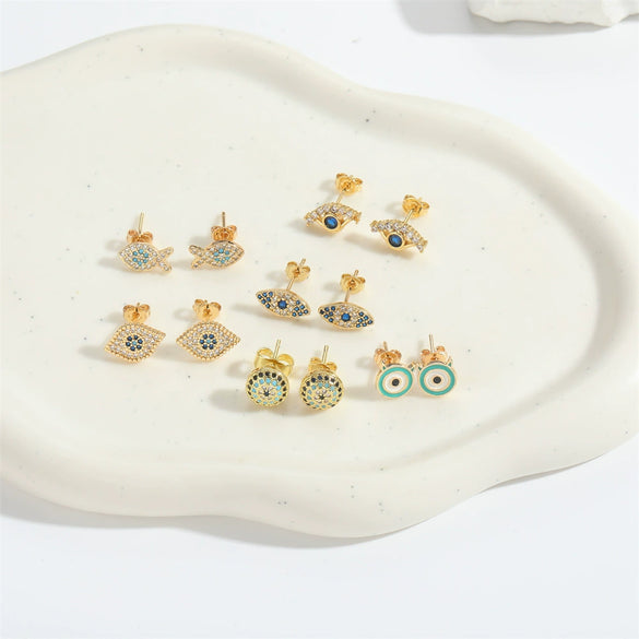 Wholesale Copper Women's Ins Style Geometric Blue Eyes Devil's Eye Microinlaid Zircon Earrings With Electroplating