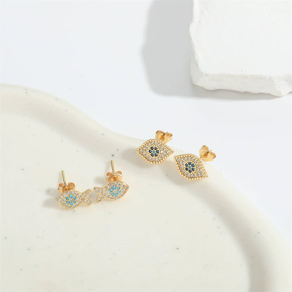 Wholesale Copper Women's Ins Style Geometric Blue Eyes Devil's Eye Microinlaid Zircon Earrings With Electroplating
