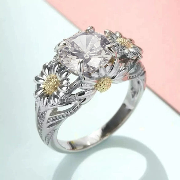 Wholesale Copper Women's Pastoral Style Single Ring With Flower And Geometric Pattern And Zirconia Inlaid