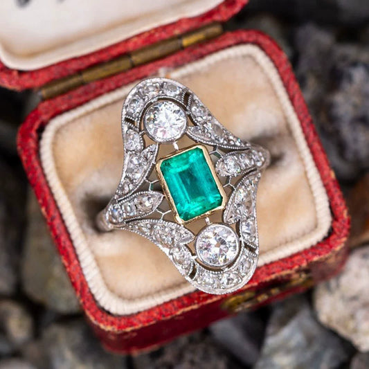 Wholesale Copper Women's Retro Court Style Geometric Hollow Pattern Zircon Ring Accessories
