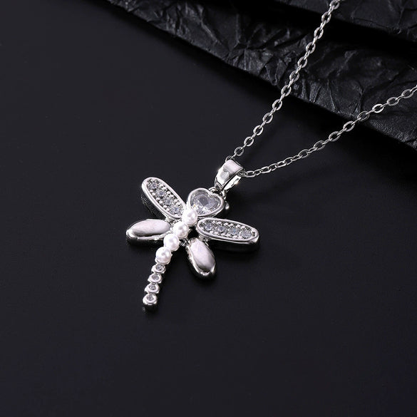 Wholesale Copper Zircon Electroplated Gold Dragonfly Pendant Necklace For Women Minimalist Animal Style