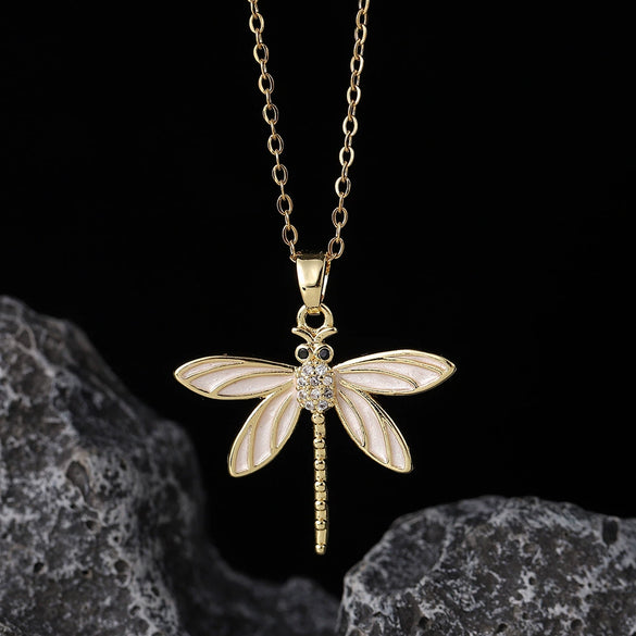 Wholesale Copper Zircon Electroplated Gold Dragonfly Pendant Necklace For Women Minimalist Animal Style