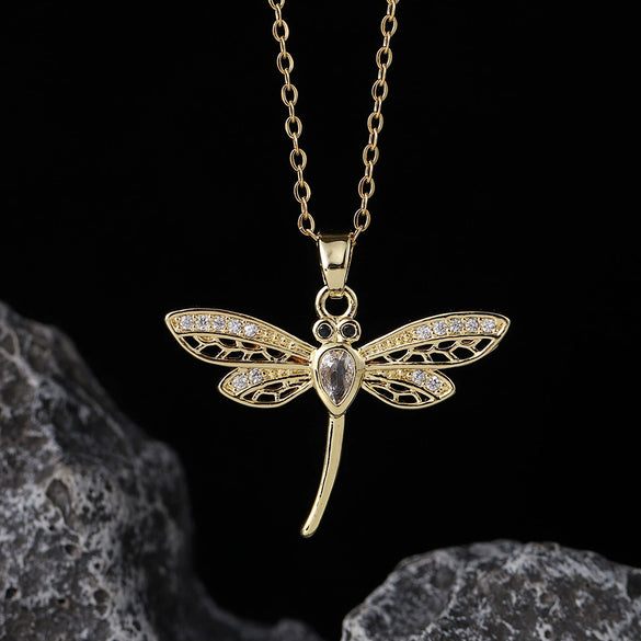 Wholesale Copper Zircon Electroplated Gold Dragonfly Pendant Necklace For Women Minimalist Animal Style
