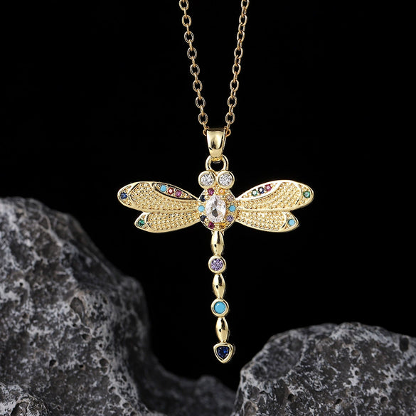 Wholesale Copper Zircon Electroplated Gold Dragonfly Pendant Necklace For Women Minimalist Animal Style