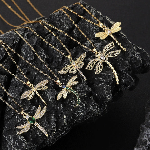 Wholesale Copper Zircon Electroplated Gold Dragonfly Pendant Necklace For Women Minimalist Animal Style