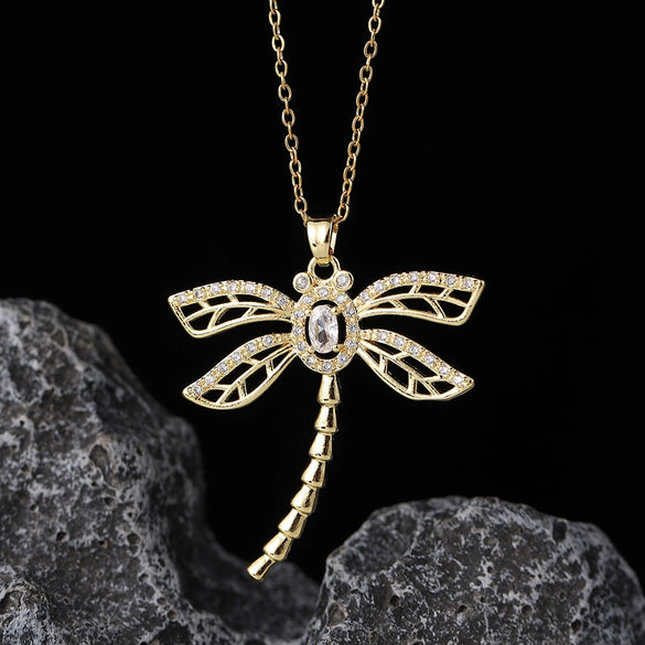 Wholesale Copper Zircon Electroplated Gold Dragonfly Pendant Necklace For Women Minimalist Animal Style