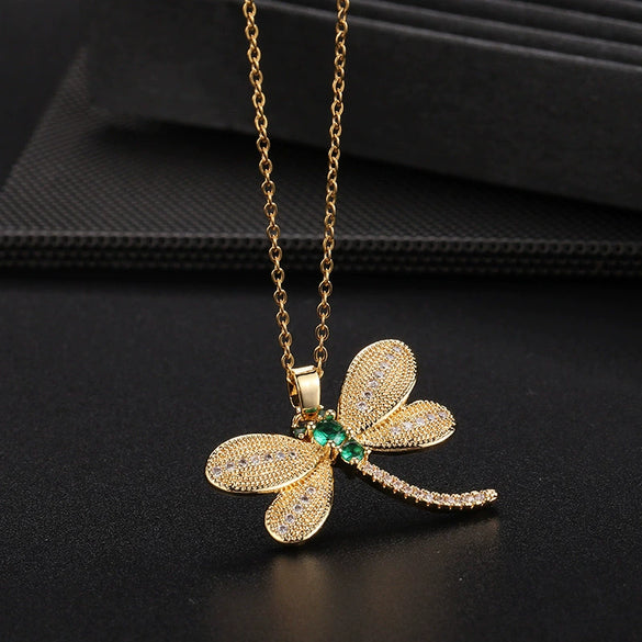 Wholesale Copper Zircon Electroplated Gold Dragonfly Pendant Necklace For Women Minimalist Animal Style
