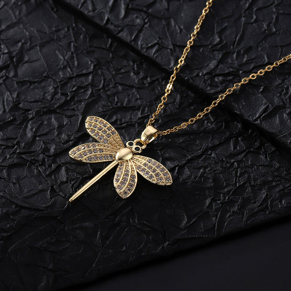 Wholesale Copper Zircon Electroplated Gold Dragonfly Pendant Necklace For Women Minimalist Animal Style