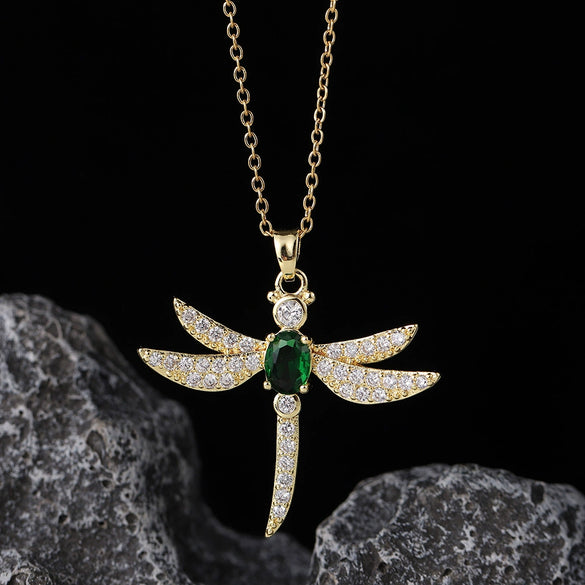 Wholesale Copper Zircon Electroplated Gold Dragonfly Pendant Necklace For Women Minimalist Animal Style