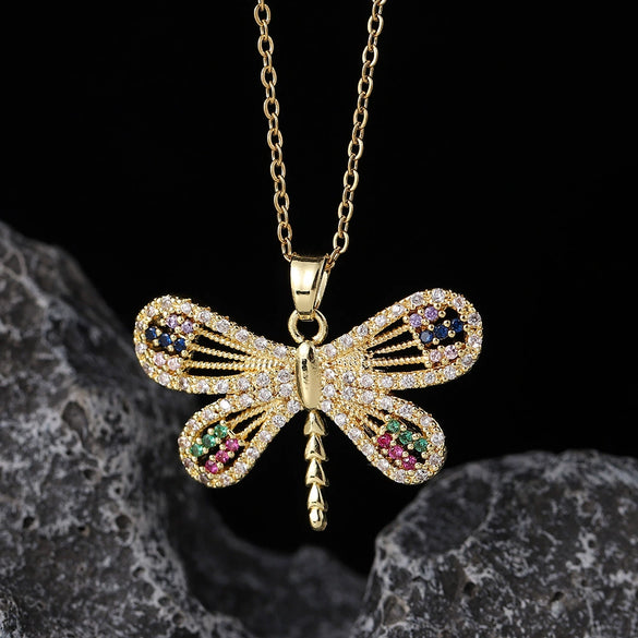 Wholesale Copper Zircon Electroplated Gold Dragonfly Pendant Necklace For Women Minimalist Animal Style